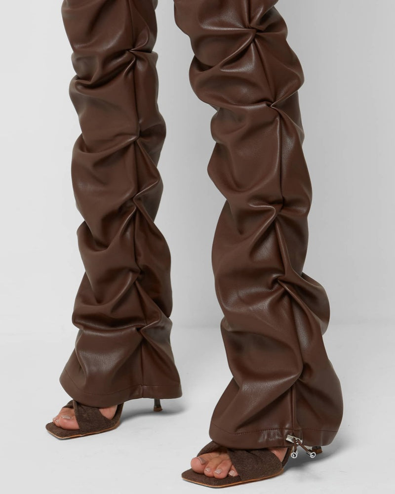 PU Leather Personalized Pleated Flared Pants - By Qivii