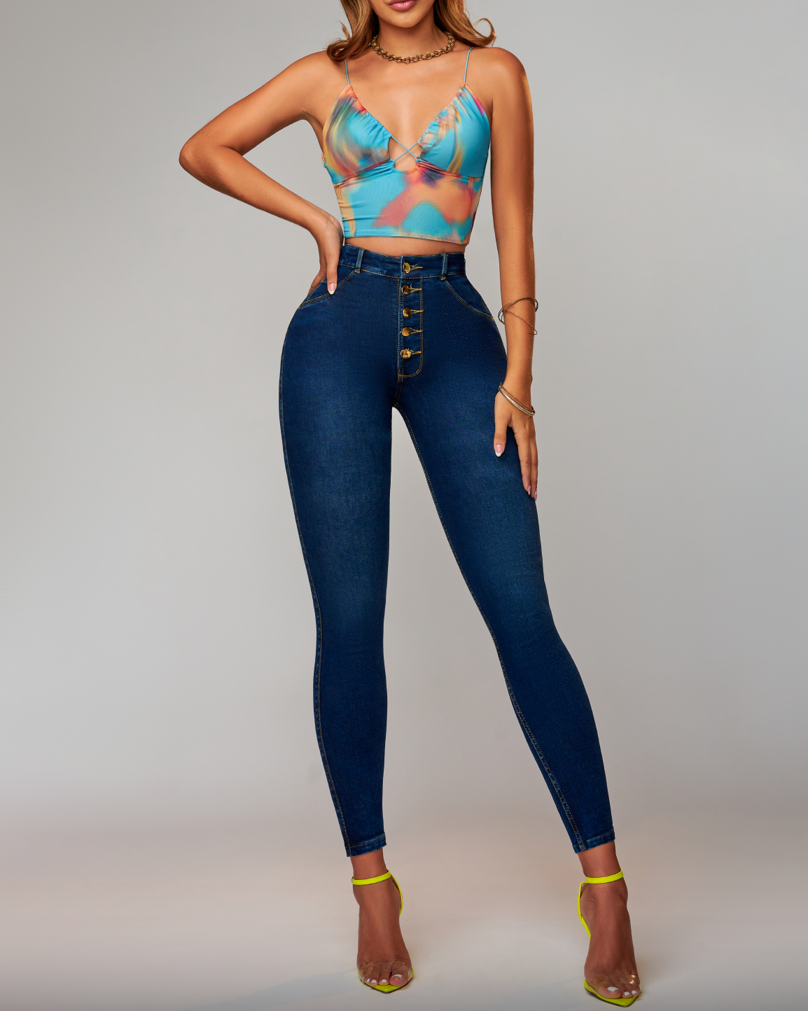 Butt Lift Push Up Button Fly High Rise Stretch Glamour Glow Denim Jeans - By Qivii