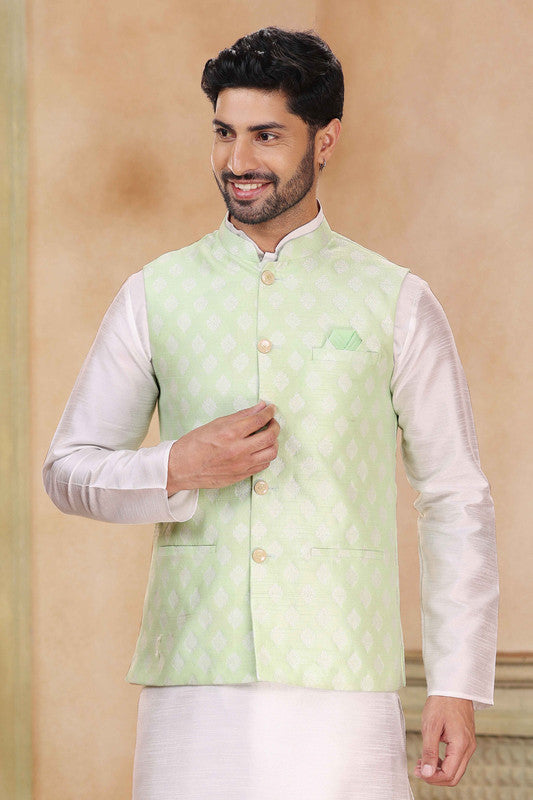 Men's Jacquard Banarasi Silk Woven Work 3 Pics Jacket Set In Pista Green Colour