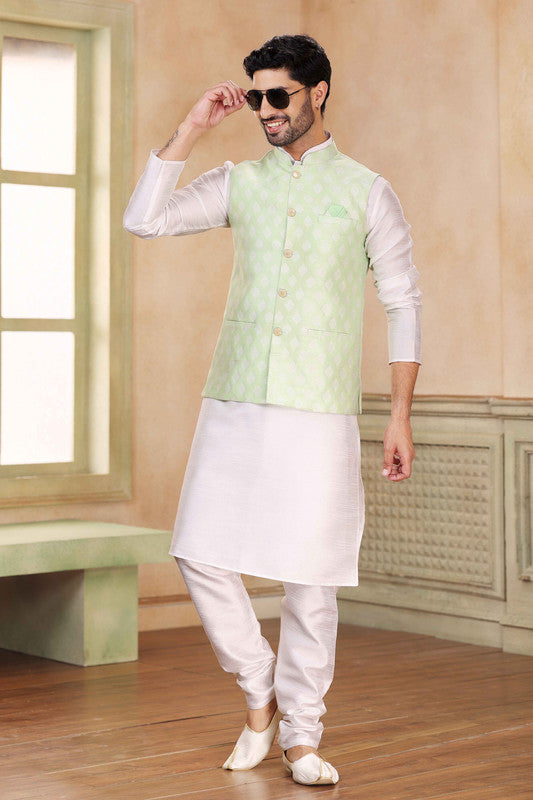 Men's Jacquard Banarasi Silk Woven Work 3 Pics Jacket Set In Pista Green Colour