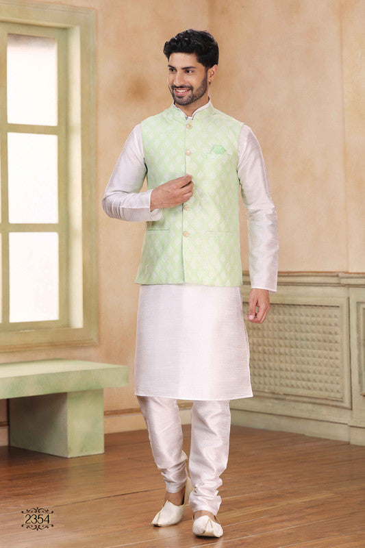 Men's Jacquard Banarasi Silk Woven Work 3 Pics Jacket Set In Pista Green Colour