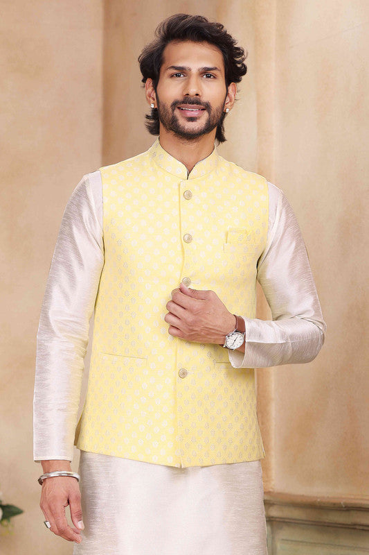Men's Jacquard Banarasi Silk Woven Work 3 Pics Jacket Set In Yellow Colour