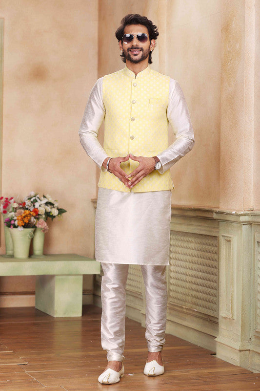Men's Jacquard Banarasi Silk Woven Work 3 Pics Jacket Set In Yellow Colour