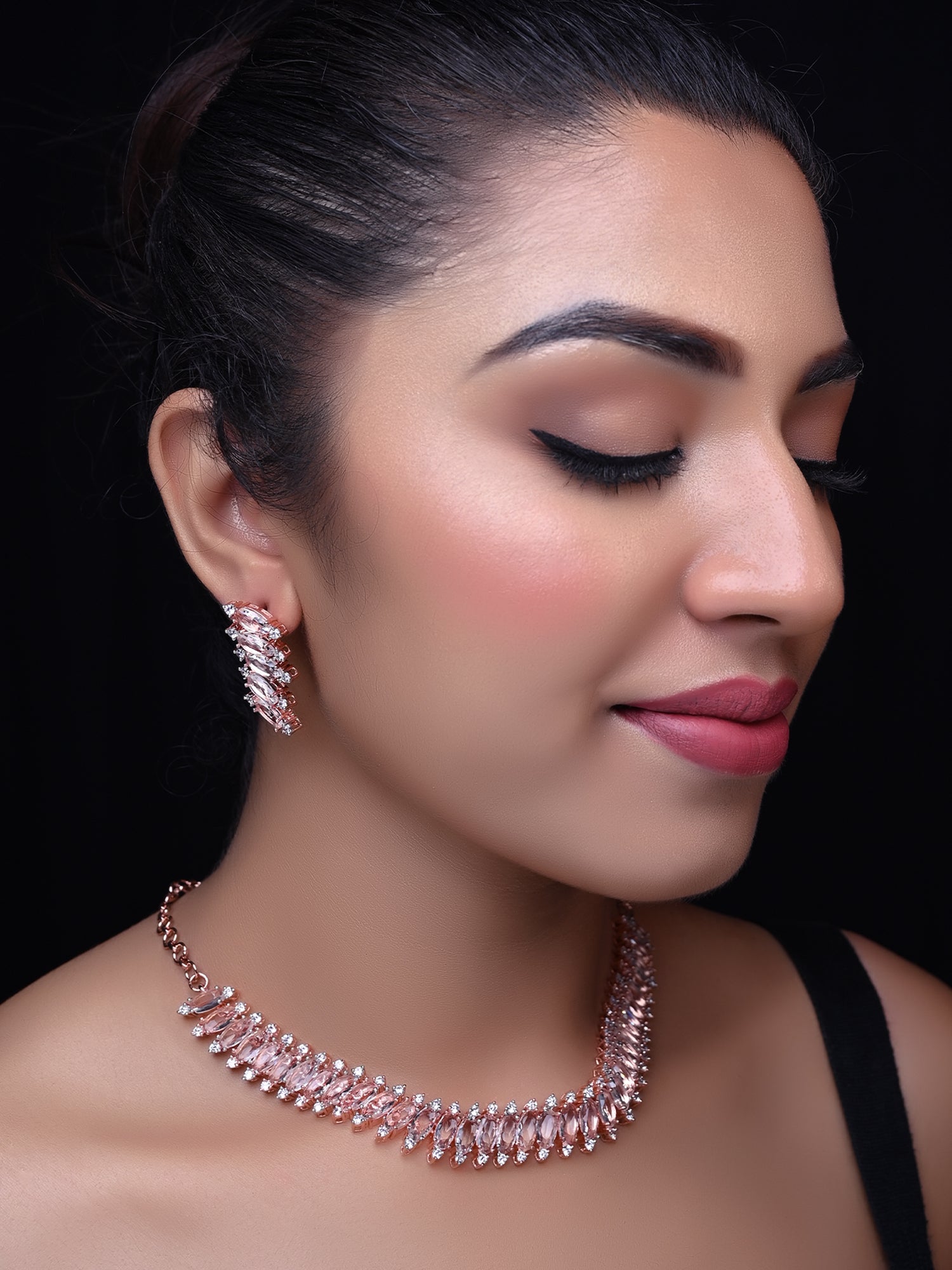 Saniya American Diamond Rose Gold Plated Necklace Set - qivii