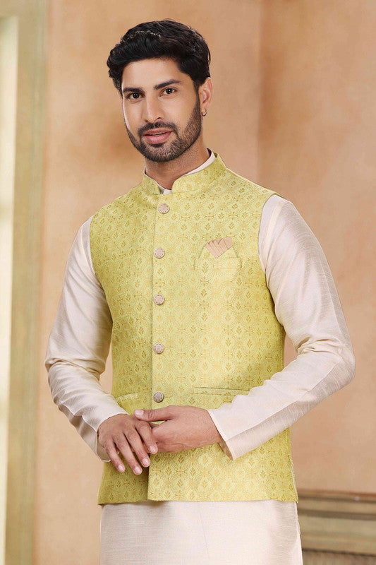 Men's Jacquard Banarasi Silk Woven Work 3 Pics Jacket Set In Lemon Colour