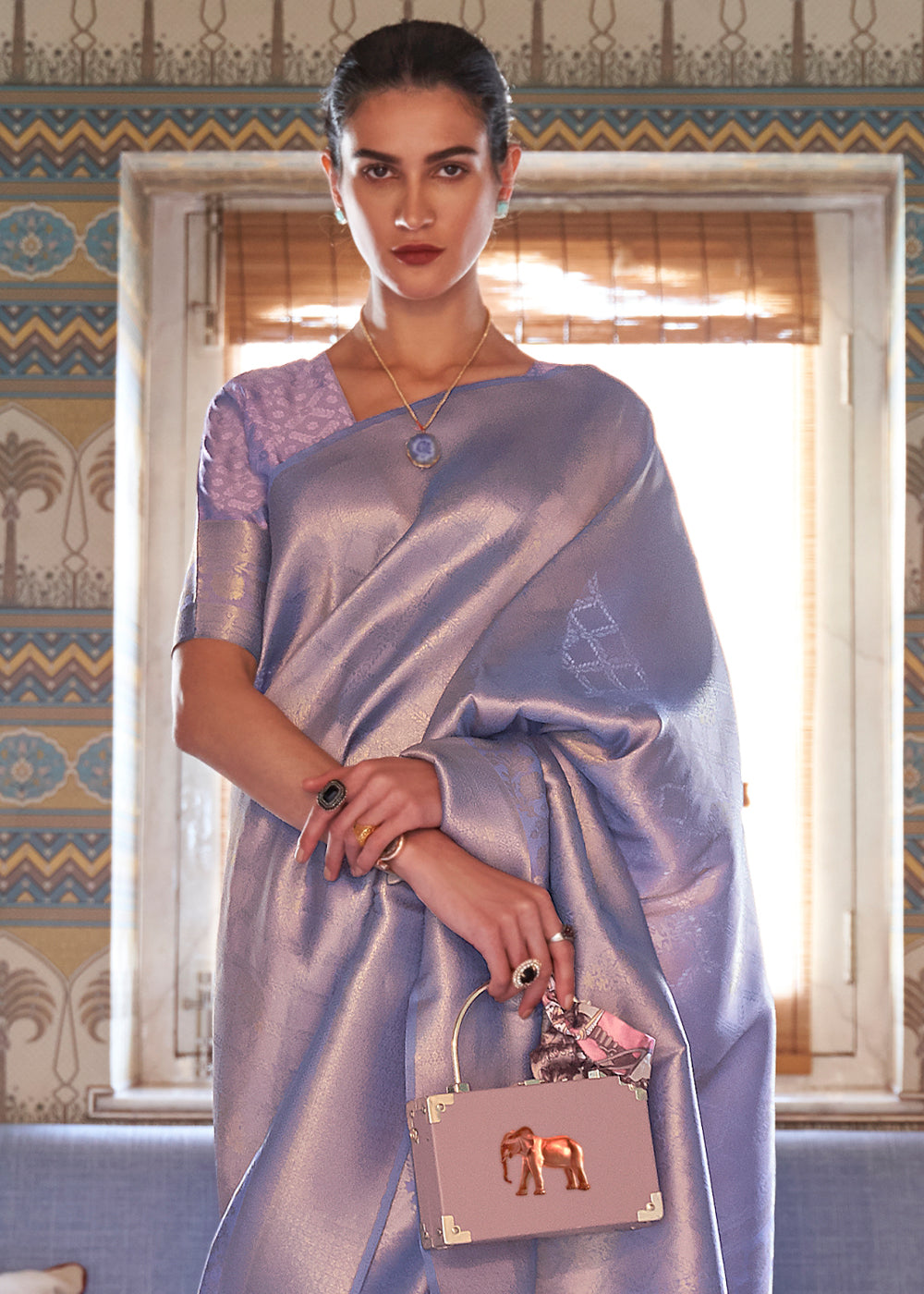 Metallic Lavender Blue Soft Handloom Weave Kanjivaram Silk Saree - qivii