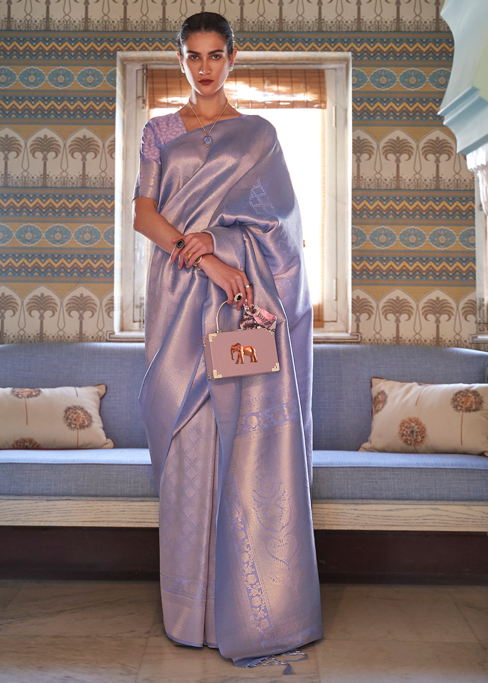 Metallic Lavender Blue Soft Handloom Weave Kanjivaram Silk Saree - qivii