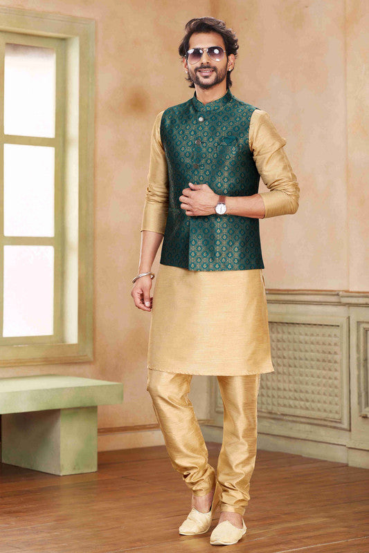 Men's Jacquard Banarasi Silk Woven Work 3 Pics Jacket Set In Green Colour