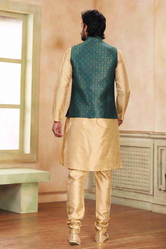 Men's Jacquard Banarasi Silk Woven Work 3 Pics Jacket Set In Green Colour