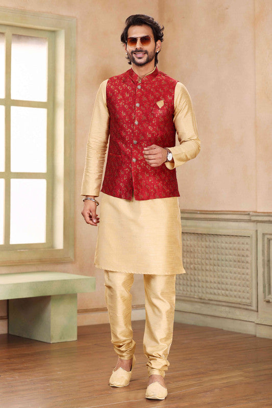 Men's Jacquard Banarasi Silk Woven Work 3 Pics Jacket Set In Maroon Colour