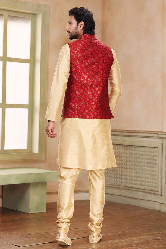 Men's Jacquard Banarasi Silk Woven Work 3 Pics Jacket Set In Maroon Colour