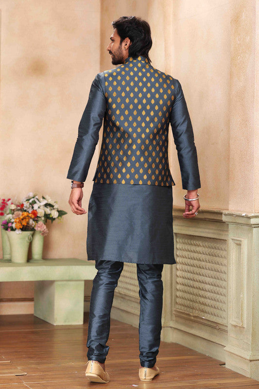 Men's Jacquard Banarasi Silk Woven Work 3 Pics Jacket Set In Dark Grey Colour