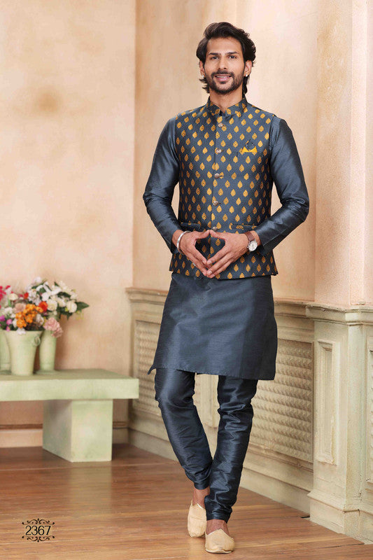 Men's Jacquard Banarasi Silk Woven Work 3 Pics Jacket Set In Dark Grey Colour