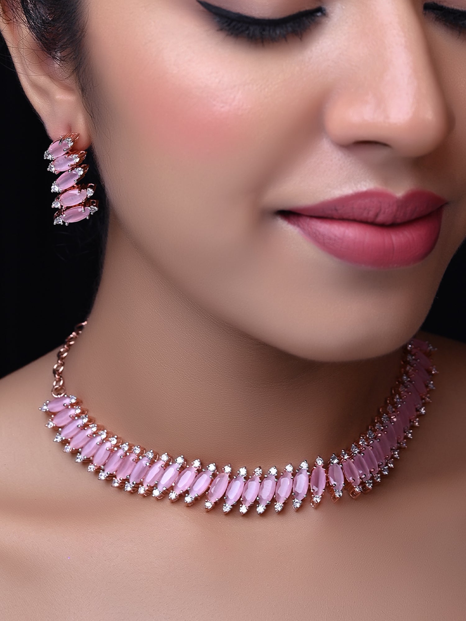 Samaira Pink American Diamond Rose Gold Plated Necklace Set - qivii