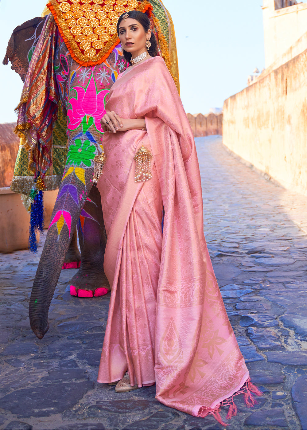 Kobi Pink Soft Handloom Weave Kanjivaram Silk Saree - qivii