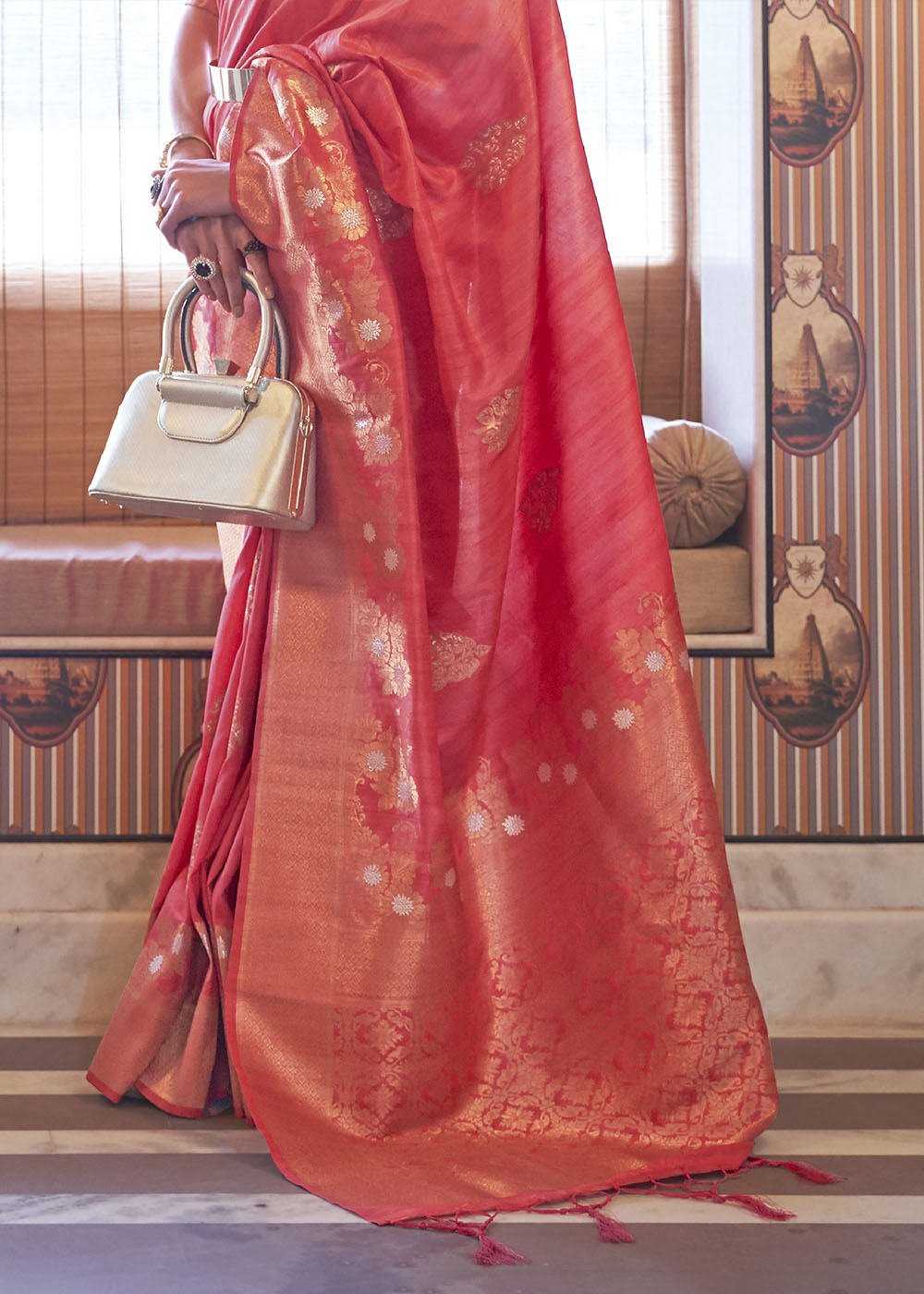 French Pink Copper Zari Woven Tussar Silk Saree - qivii