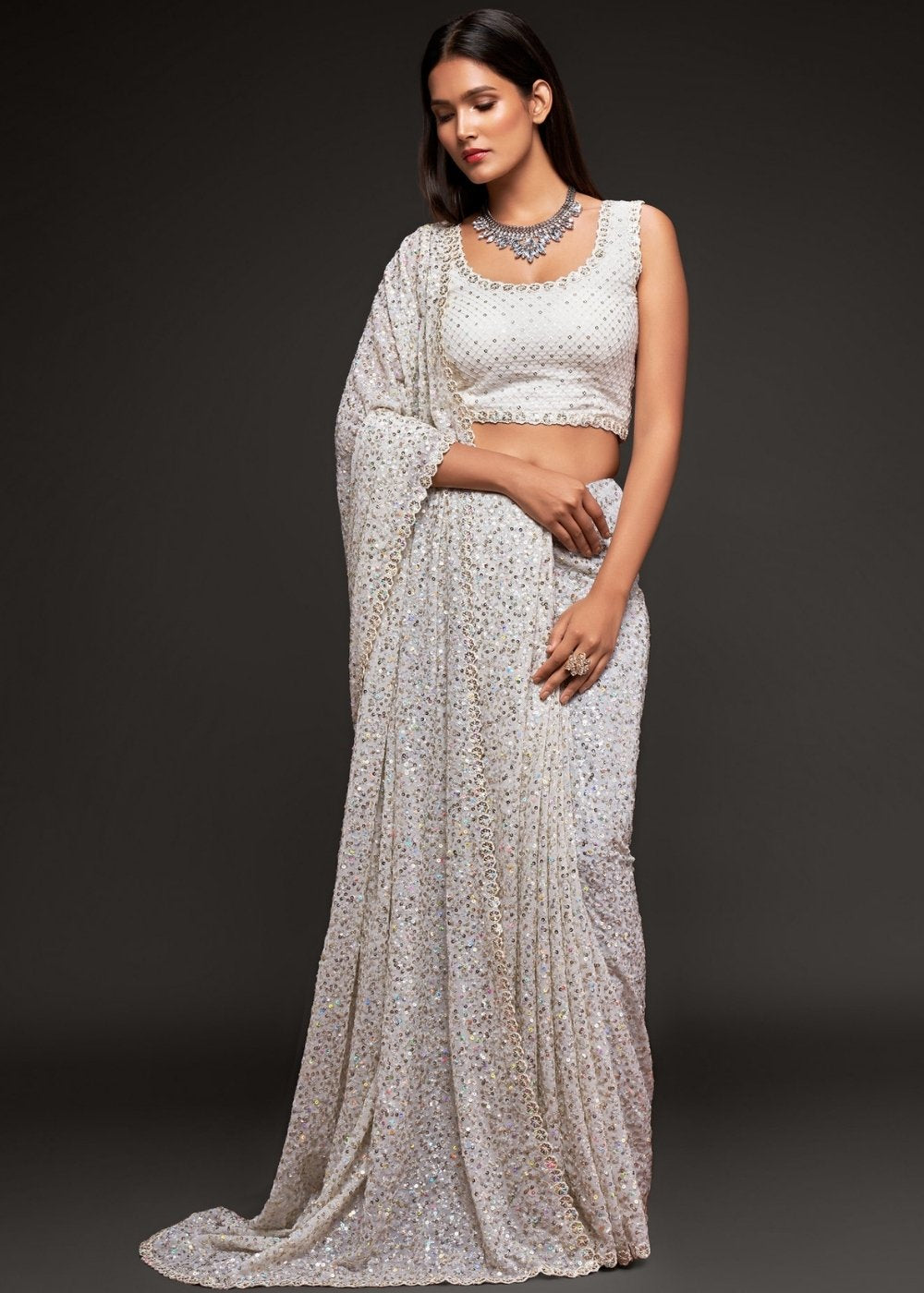 Pearl White Sequins & Thread Embroidered Designer Georgette Saree - qivii