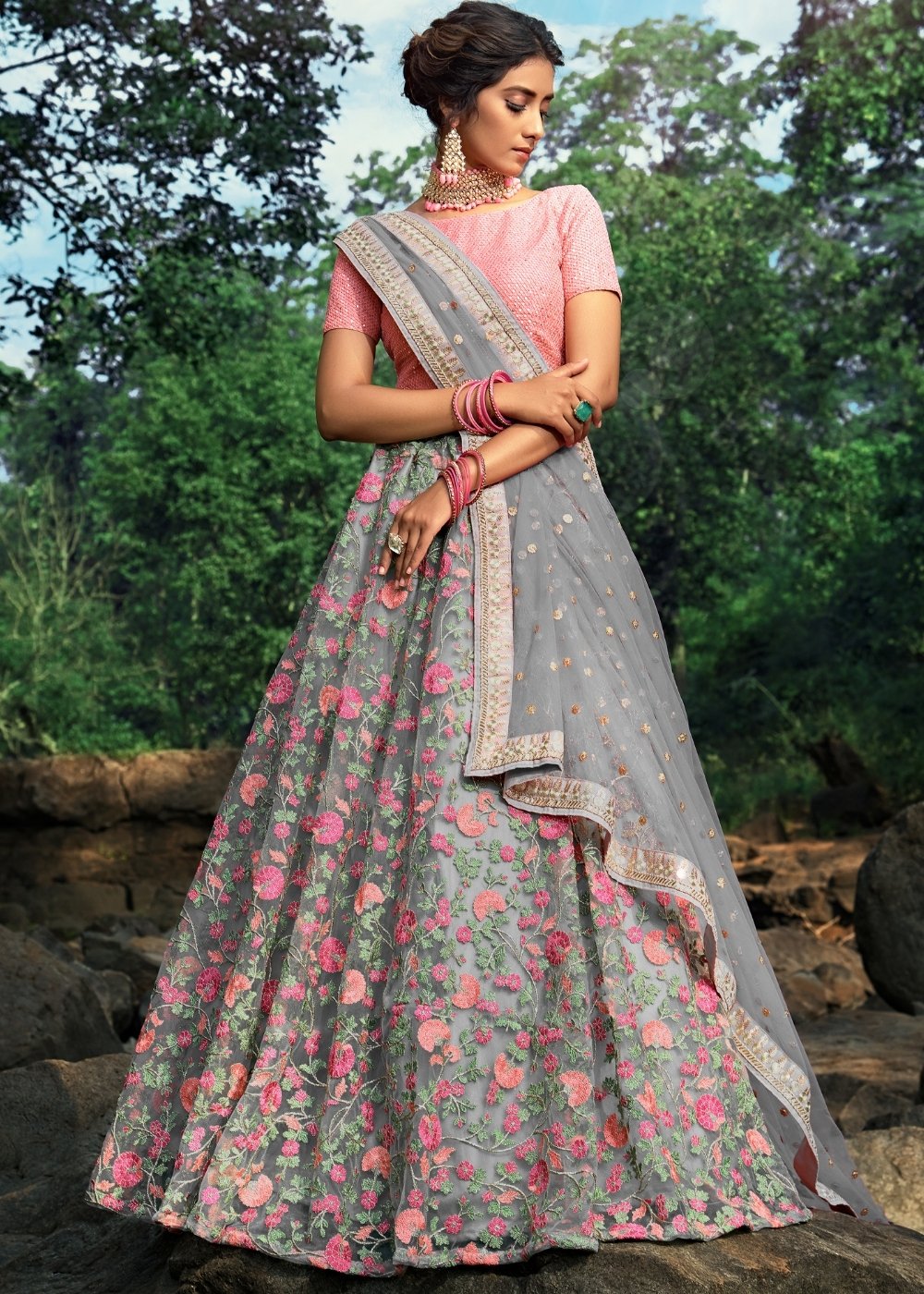 Seal Grey Designer Soft Net Lehenga Choli with Sequins, Thread & Zari work | Ready To Wear - qivii