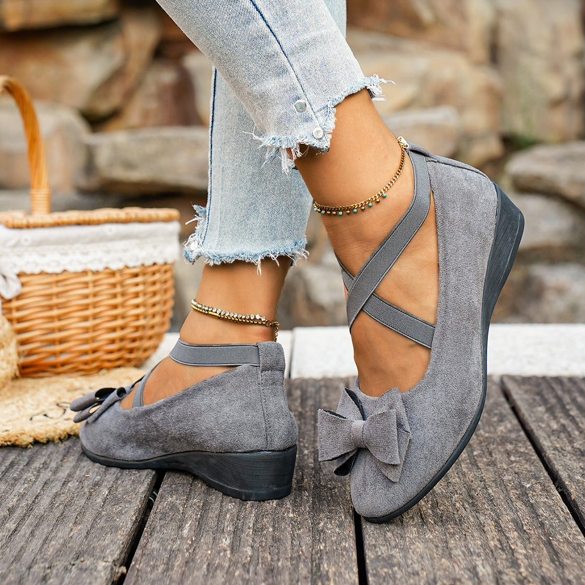 Women’s Elara Bow Suede Wedge Loafers – Elastic Cross-Strap Comfort Slip-Ons (US 5–10.5)