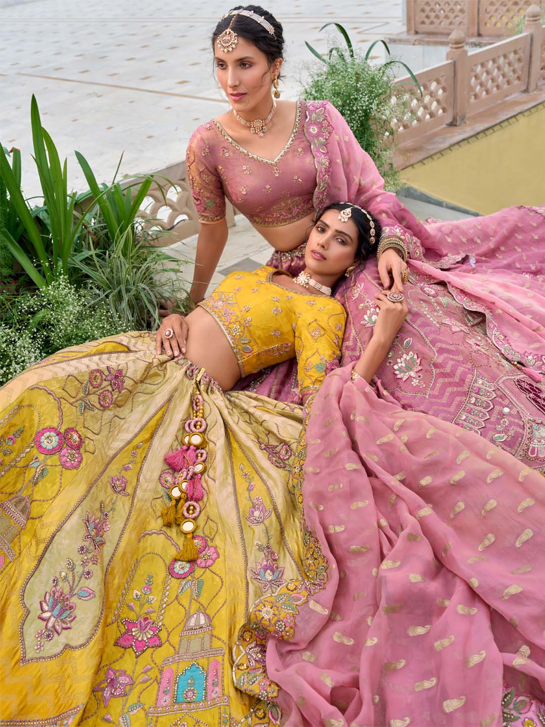 Yellow-Pink Shade Patch-Work & Cut-Work Silk Embroidered Semi Stitched Lehenga Choli - qivii