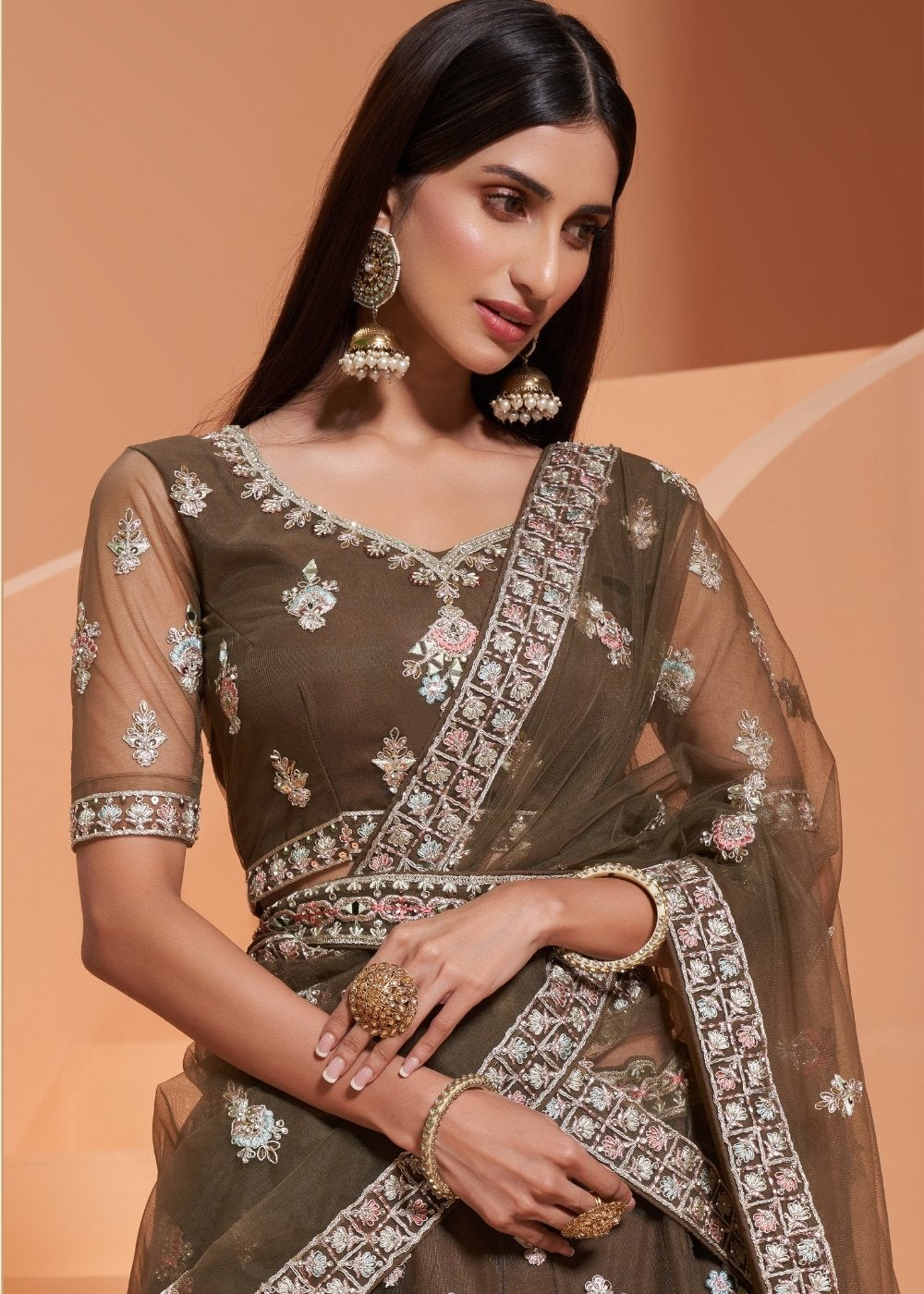 Army Green Net Lehenga Choli with Cording,Thread Embroidery, Zarkan & Badla work | Ready To Wear - qivii