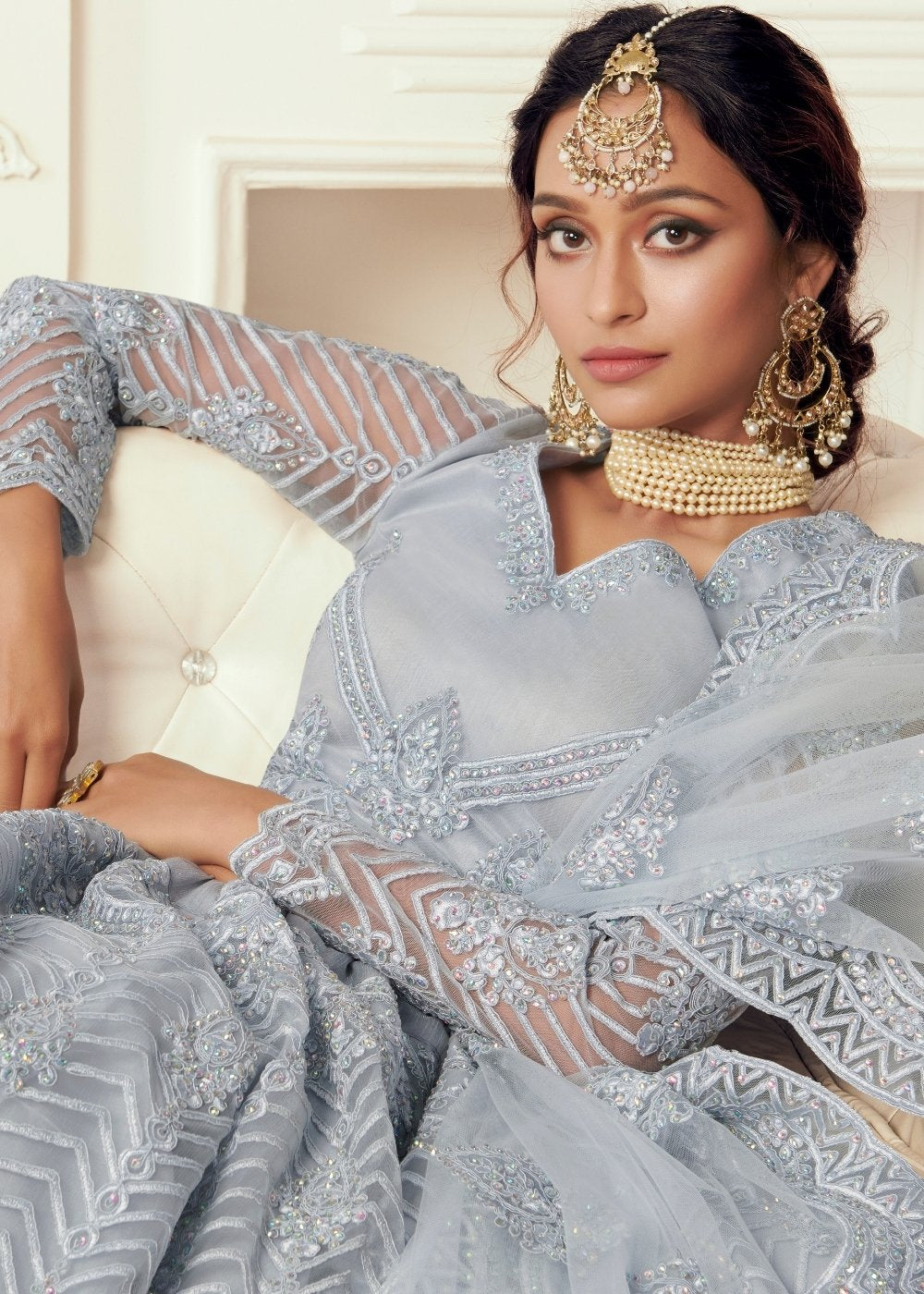 Coin Grey Soft Net Lehenga Choli with Cording Embroidery & Stonework | Ready To Wear - qivii