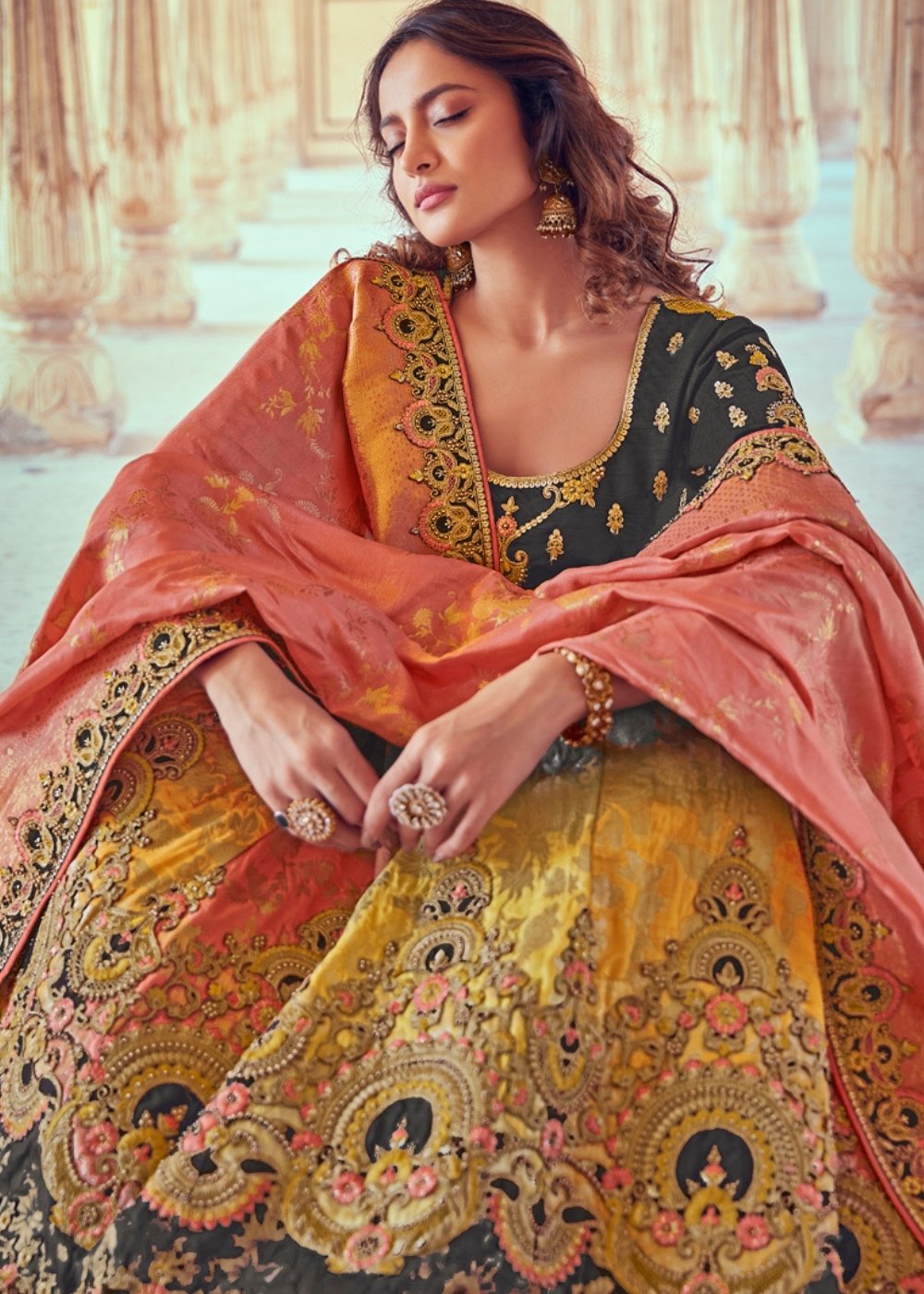 Anchor Grey & Pink Banarasi Silk Lehenga Choli with Khatli work Embroidery | Ready To Wear - qivii