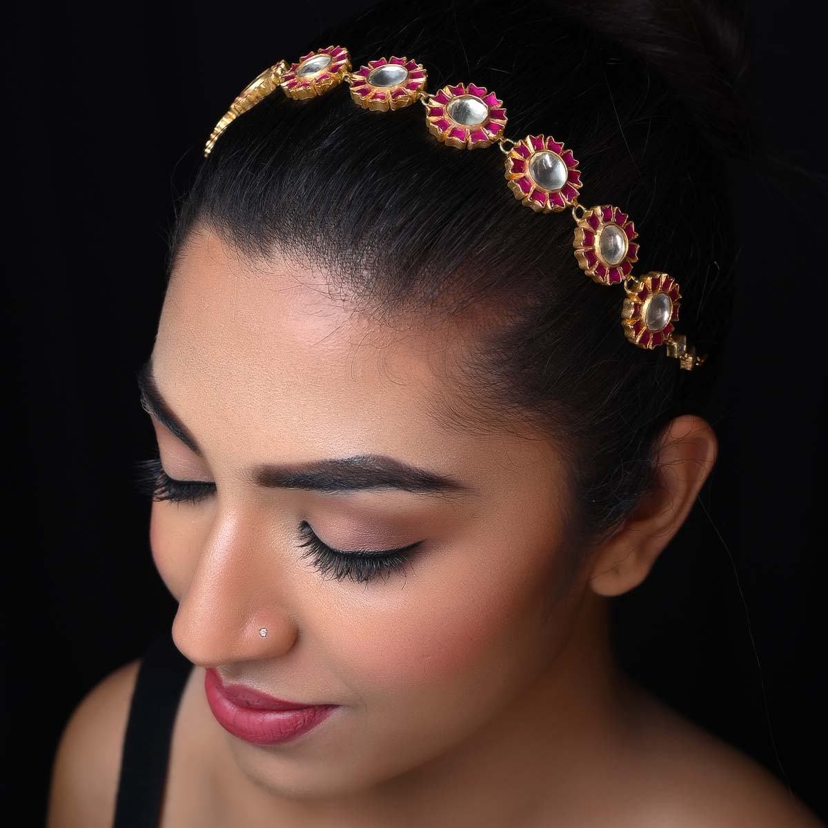 Shashi Rose Pink Gold Plated Kundan Sheesh Phool - qivii
