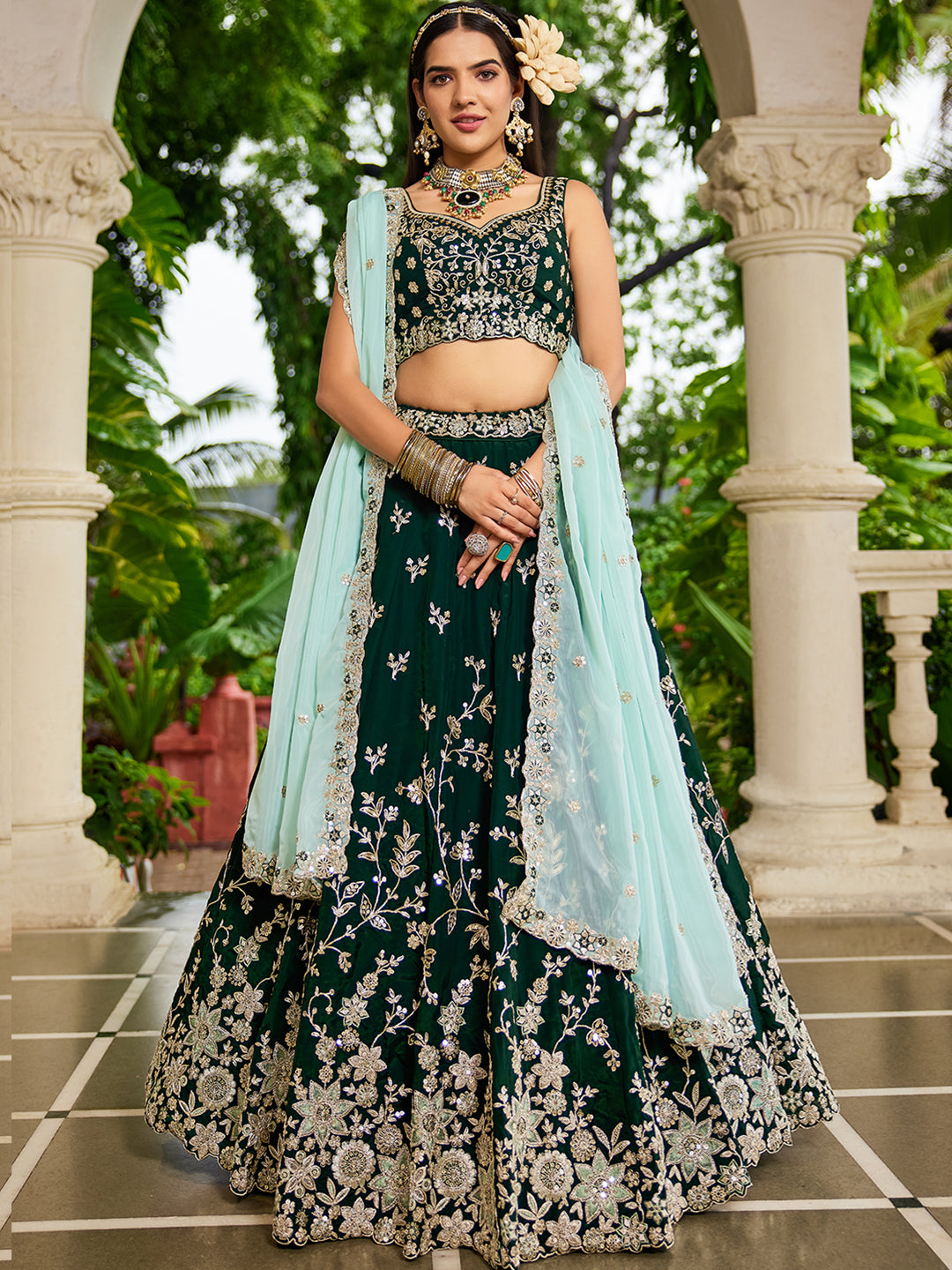 GREEN - Organza Sequinse embroidery Lehenga choli & Dupatta