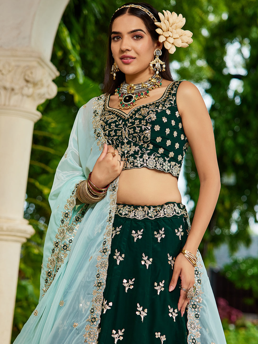 GREEN - Organza Sequinse embroidery Lehenga choli & Dupatta