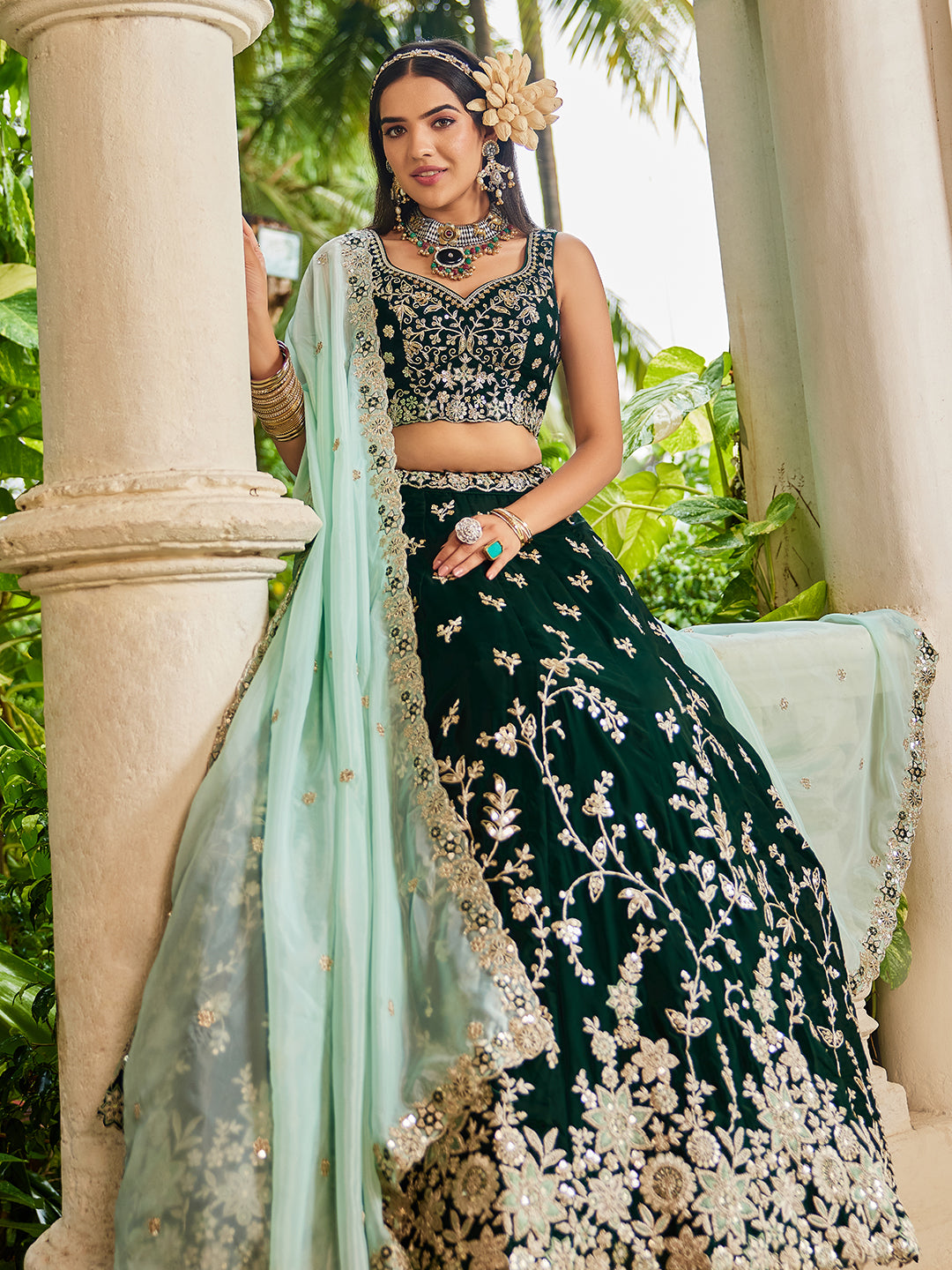 GREEN - Organza Sequinse embroidery Lehenga choli & Dupatta