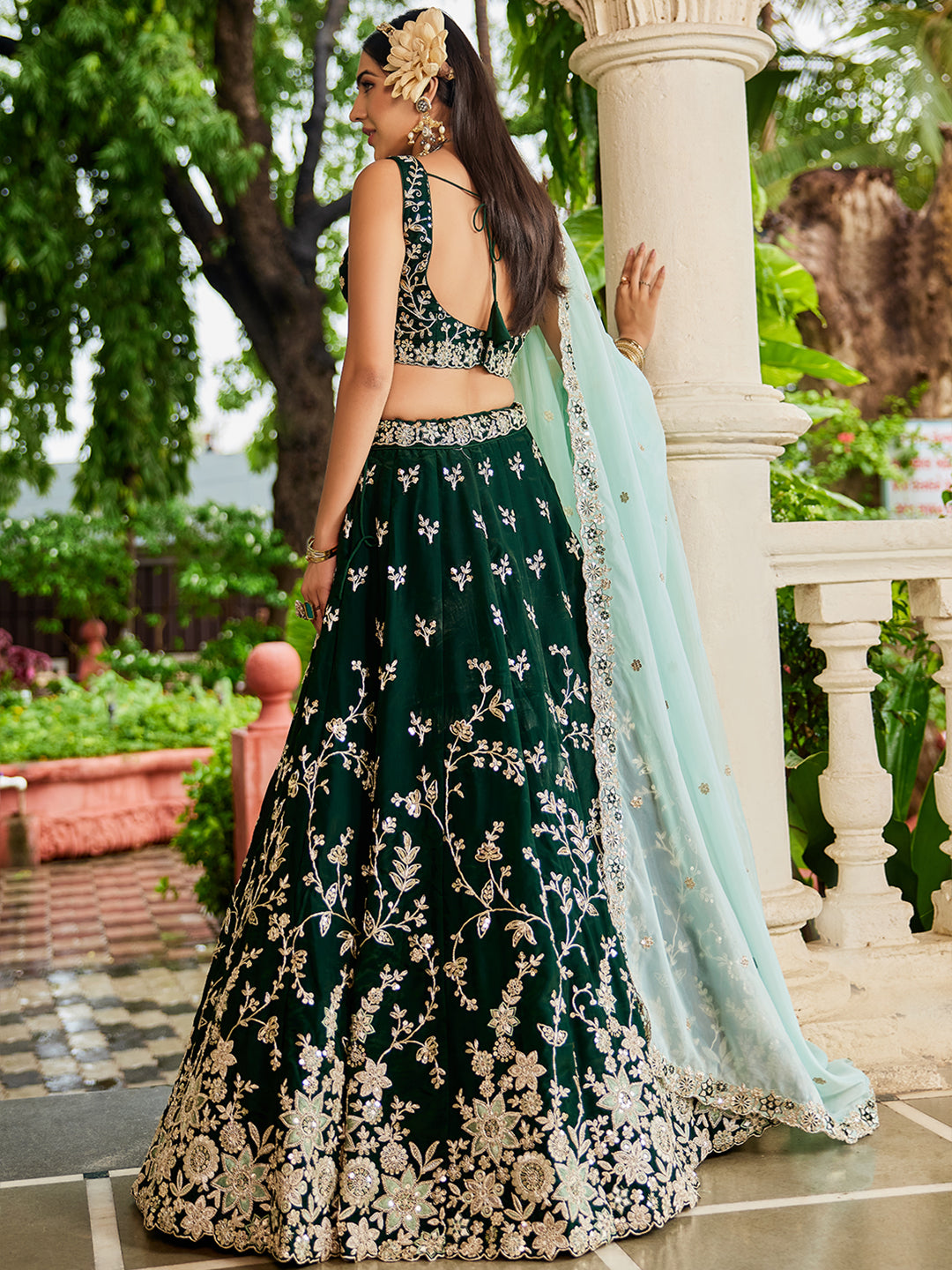 GREEN - Organza Sequinse embroidery Lehenga choli & Dupatta