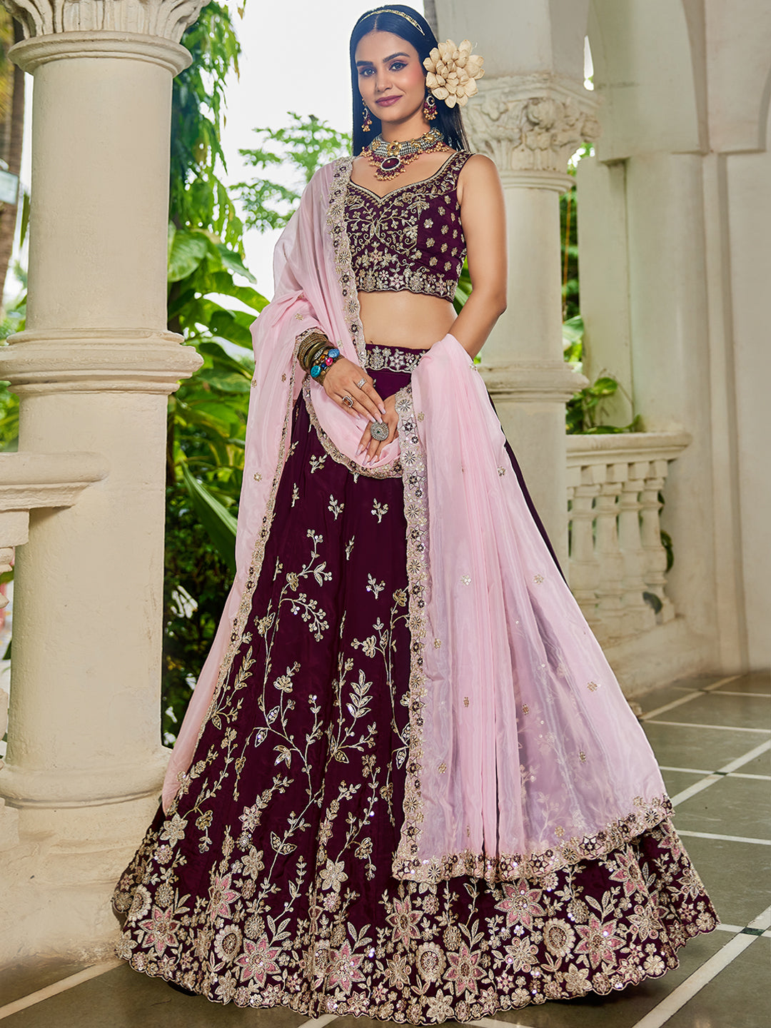 BURGUNDY - Organza Sequinse embroidery Semi-Stitched Lehenga choli & Dupatta