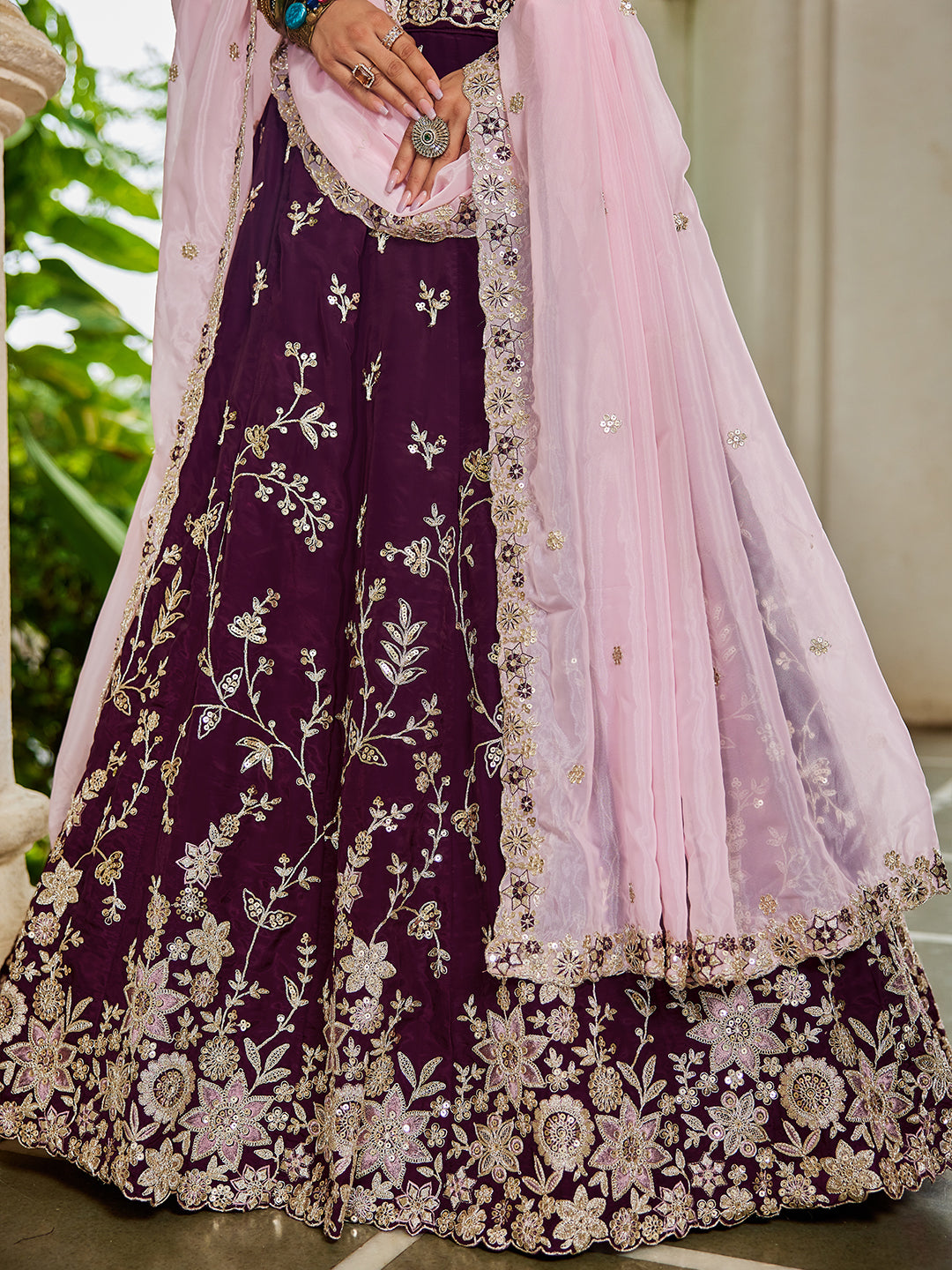 BURGUNDY - Organza Sequinse embroidery Semi-Stitched Lehenga choli & Dupatta