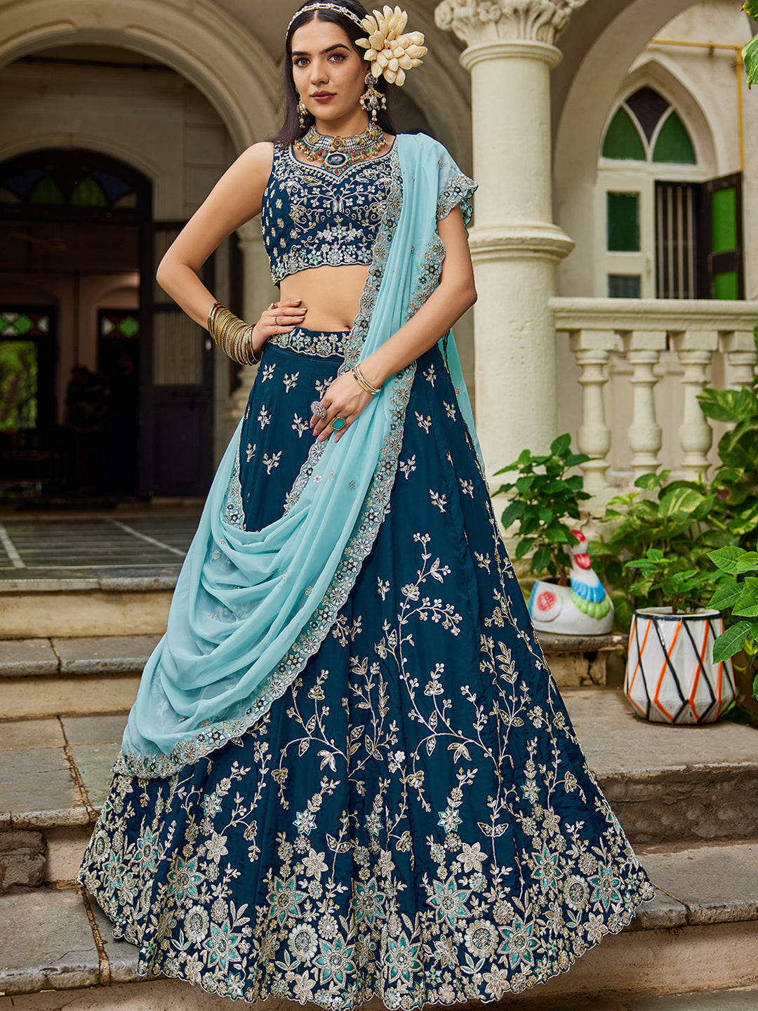 NAVYBLUE - Organza Sequinse embroidery Lehenga choli & Dupatta