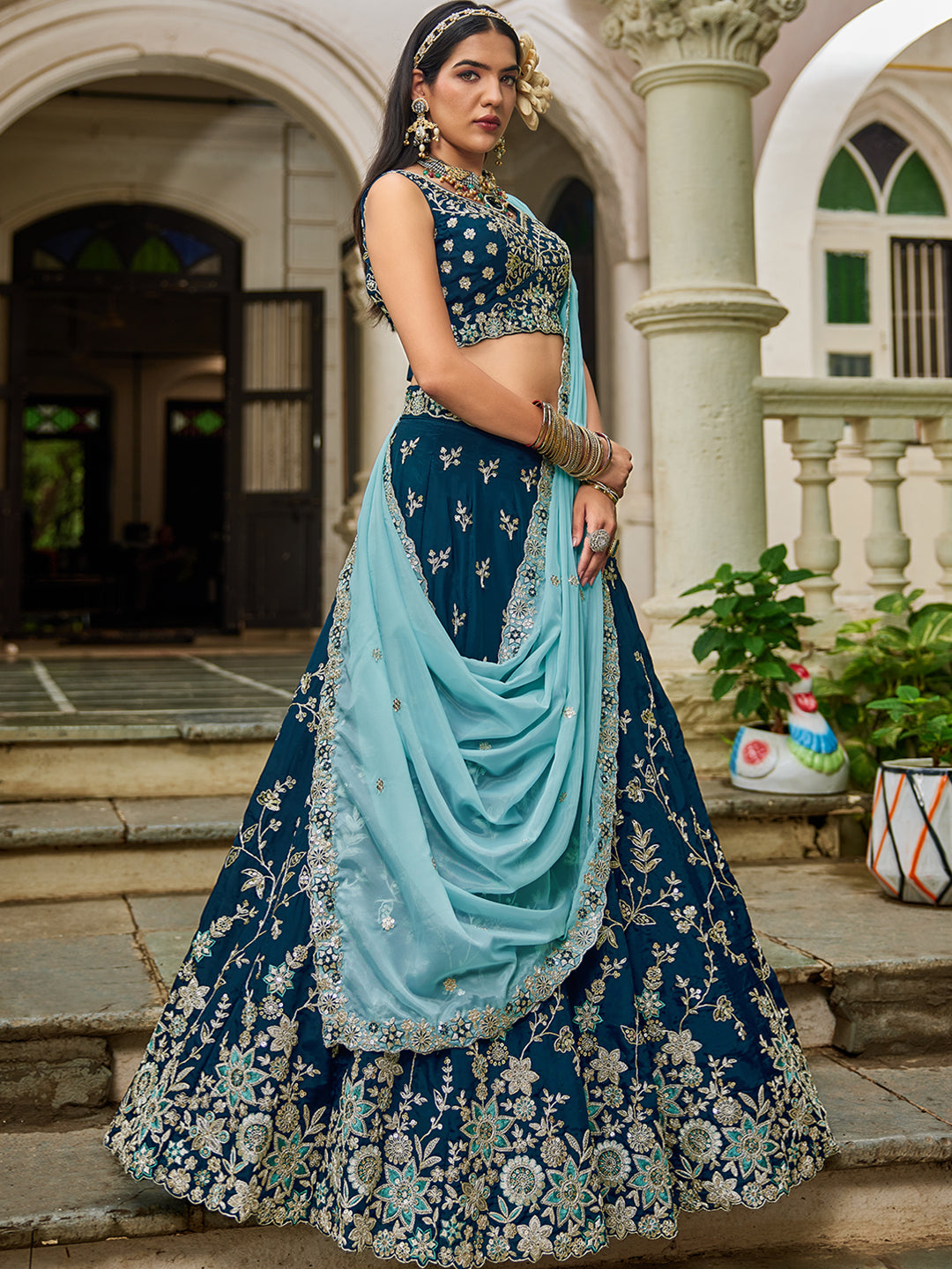 NAVYBLUE - Organza Sequinse embroidery Lehenga choli & Dupatta