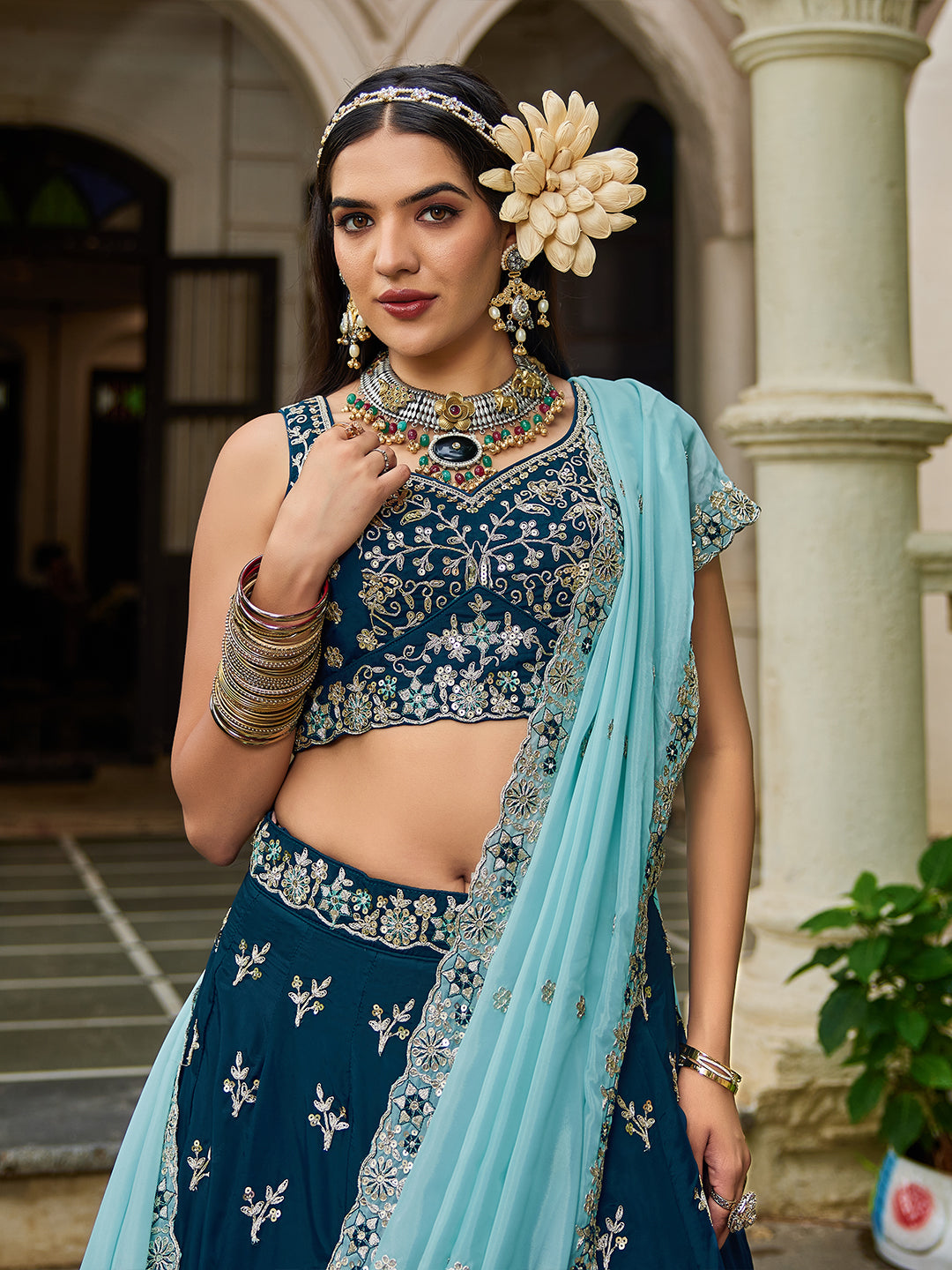 NAVYBLUE - Organza Sequinse embroidery Lehenga choli & Dupatta