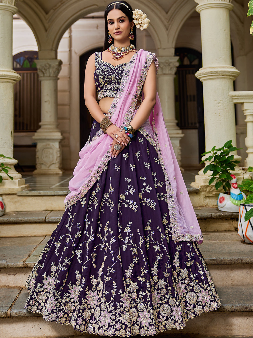 MAGENTA - Organza Sequinse embroidery Lehenga choli & Dupatta