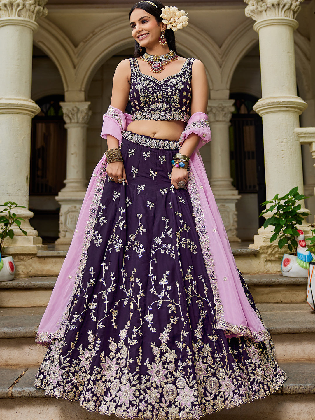 MAGENTA - Organza Sequinse embroidery Semi-Stitched Lehenga choli & Dupatta
