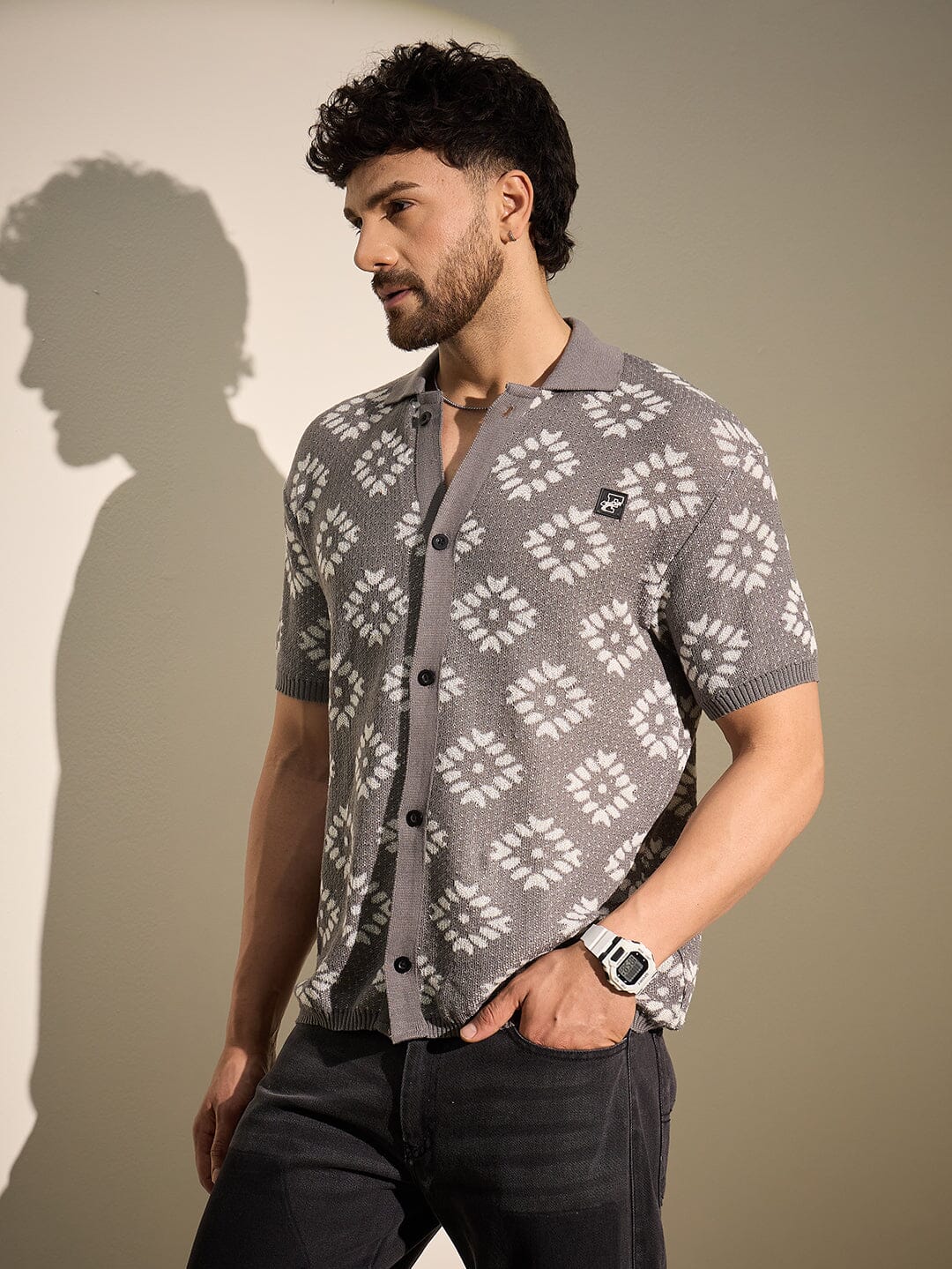 Grey Patterned Knitted Shirt