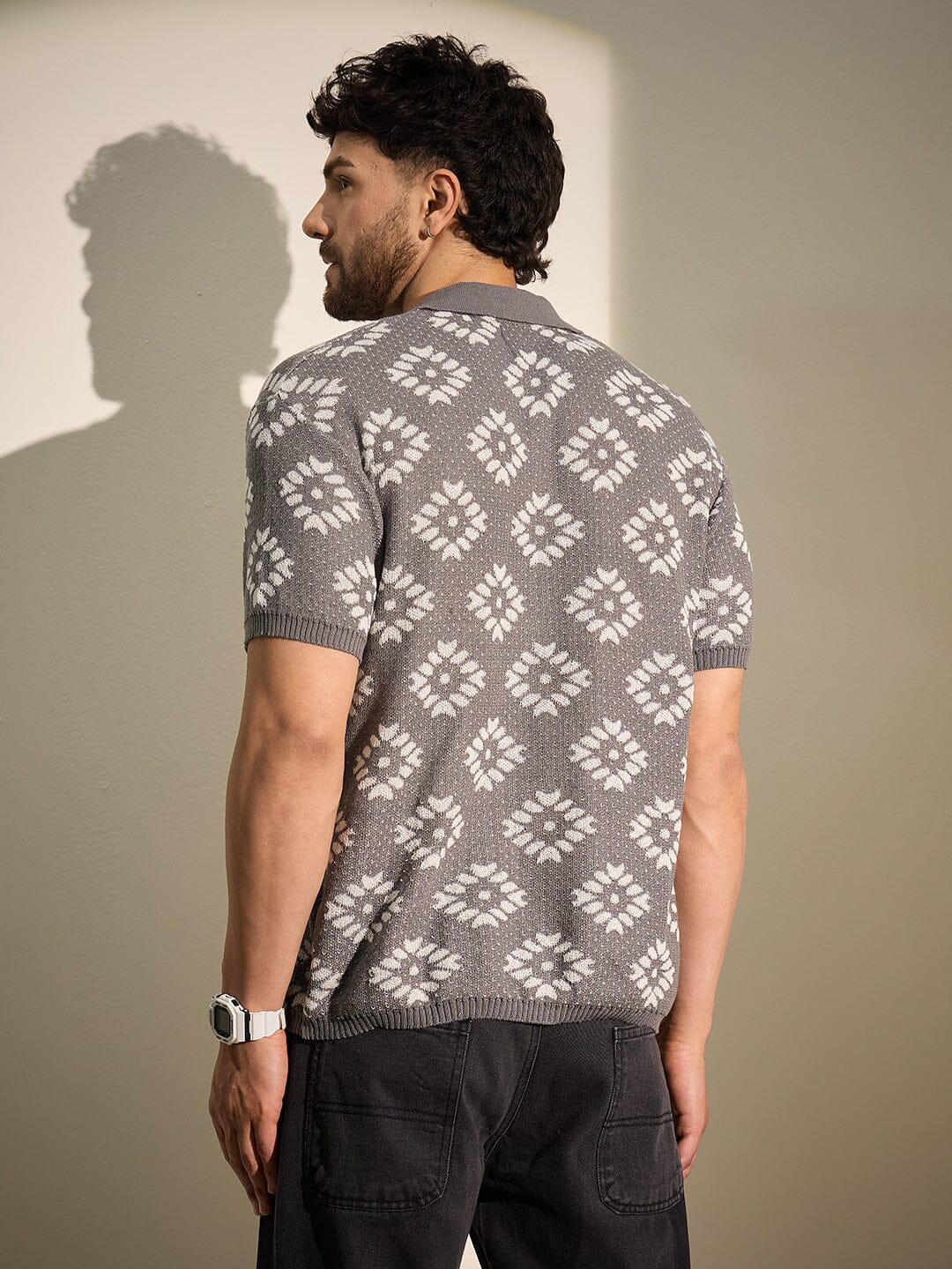 Grey Patterned Knitted Shirt