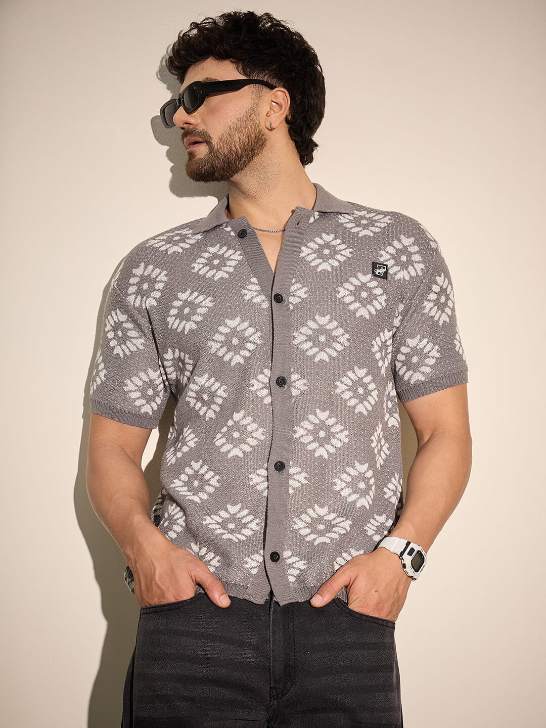 Grey Patterned Knitted Shirt