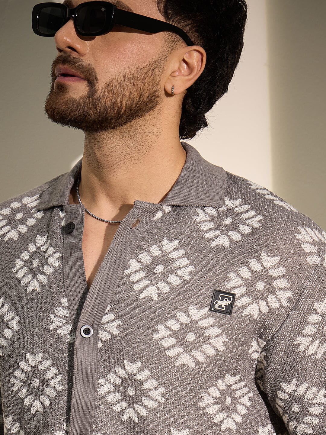 Grey Patterned Knitted Shirt