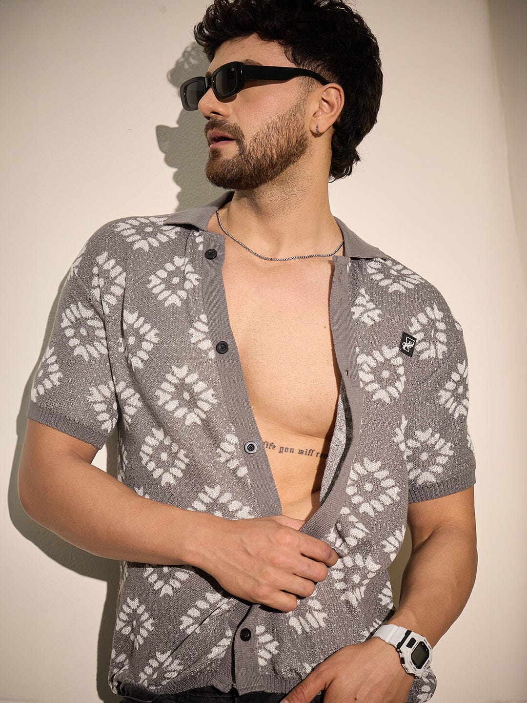 Grey Patterned Knitted Shirt