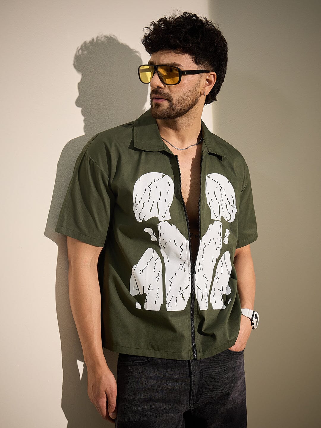 Olive Cracked Body Graphic Zipped Shirt