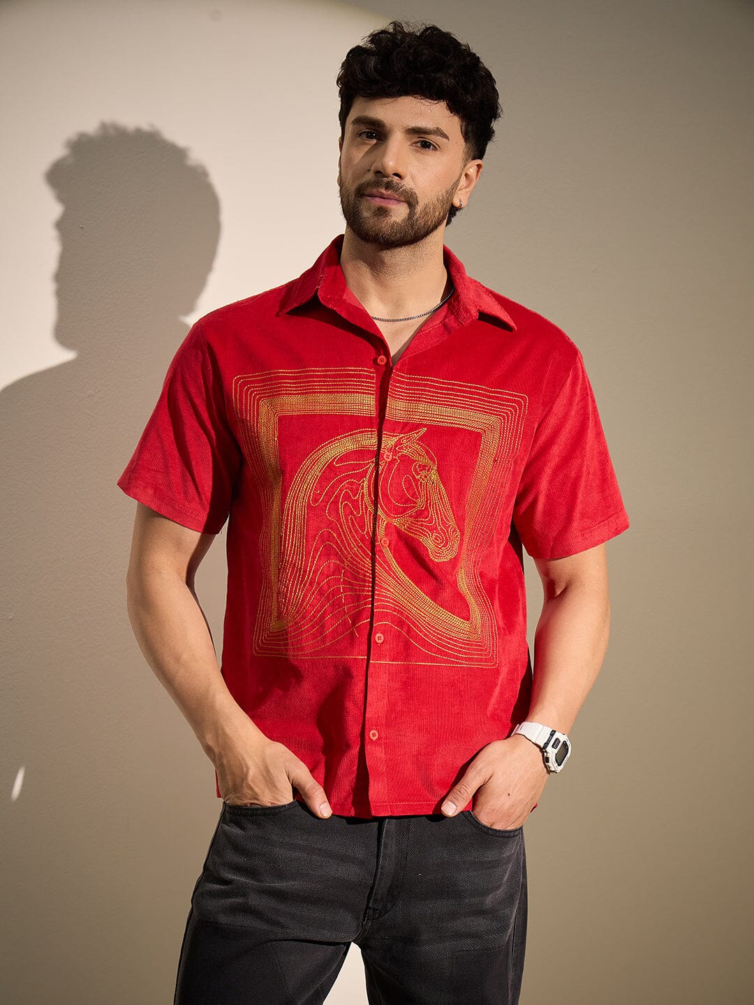 Red Corduroy Horse Embroidery Shirt
