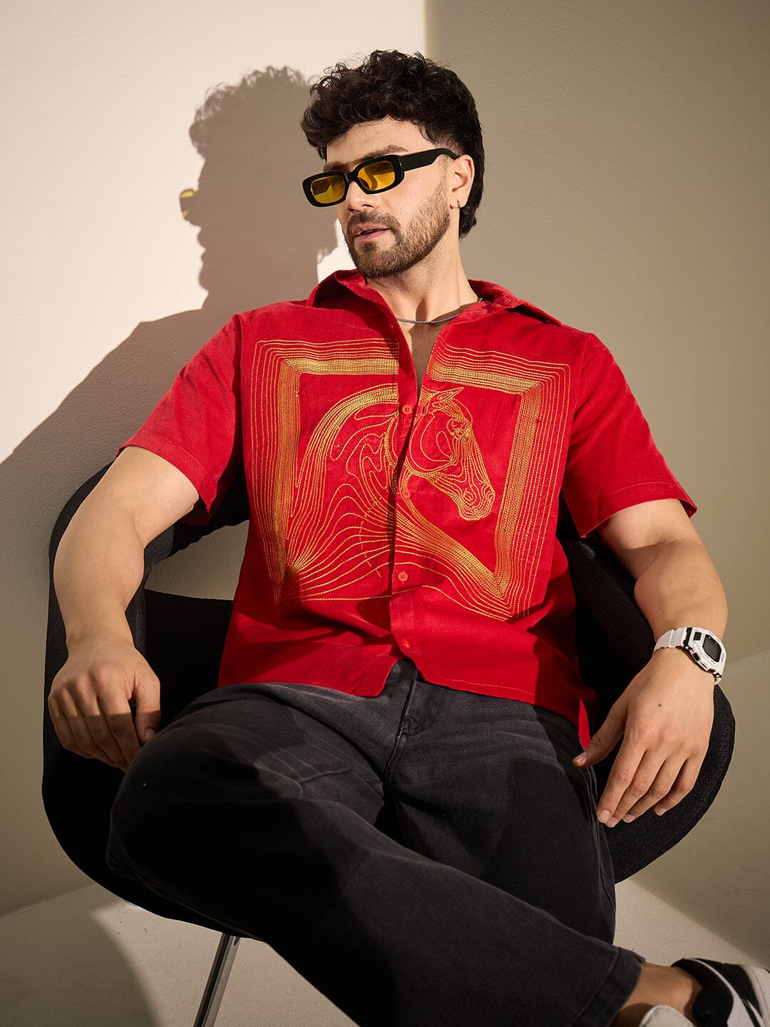 Red Corduroy Horse Embroidery Shirt