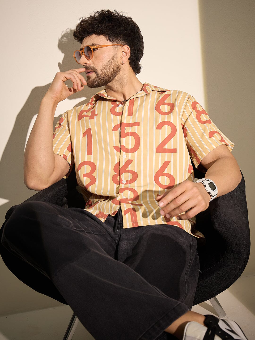 Mustard Striped Numerals Graphic Shirt