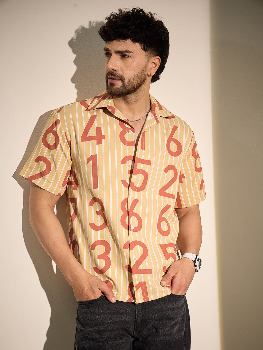 Mustard Striped Numerals Graphic Shirt