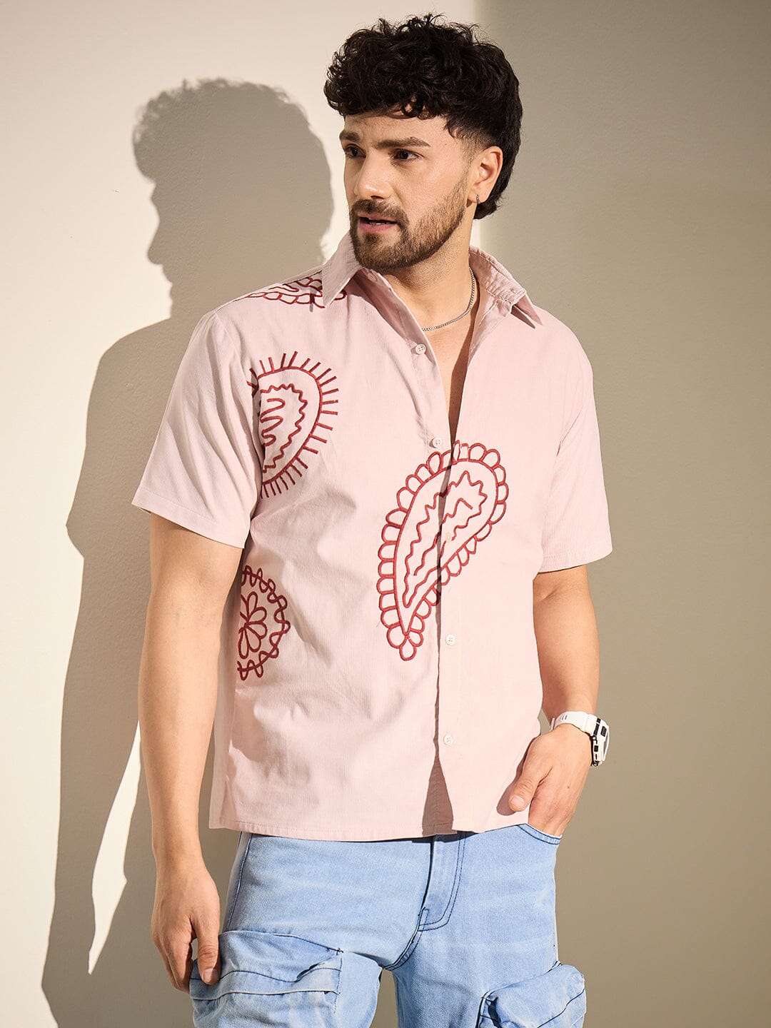 Baby Pink Paisley Embroidery Shirt